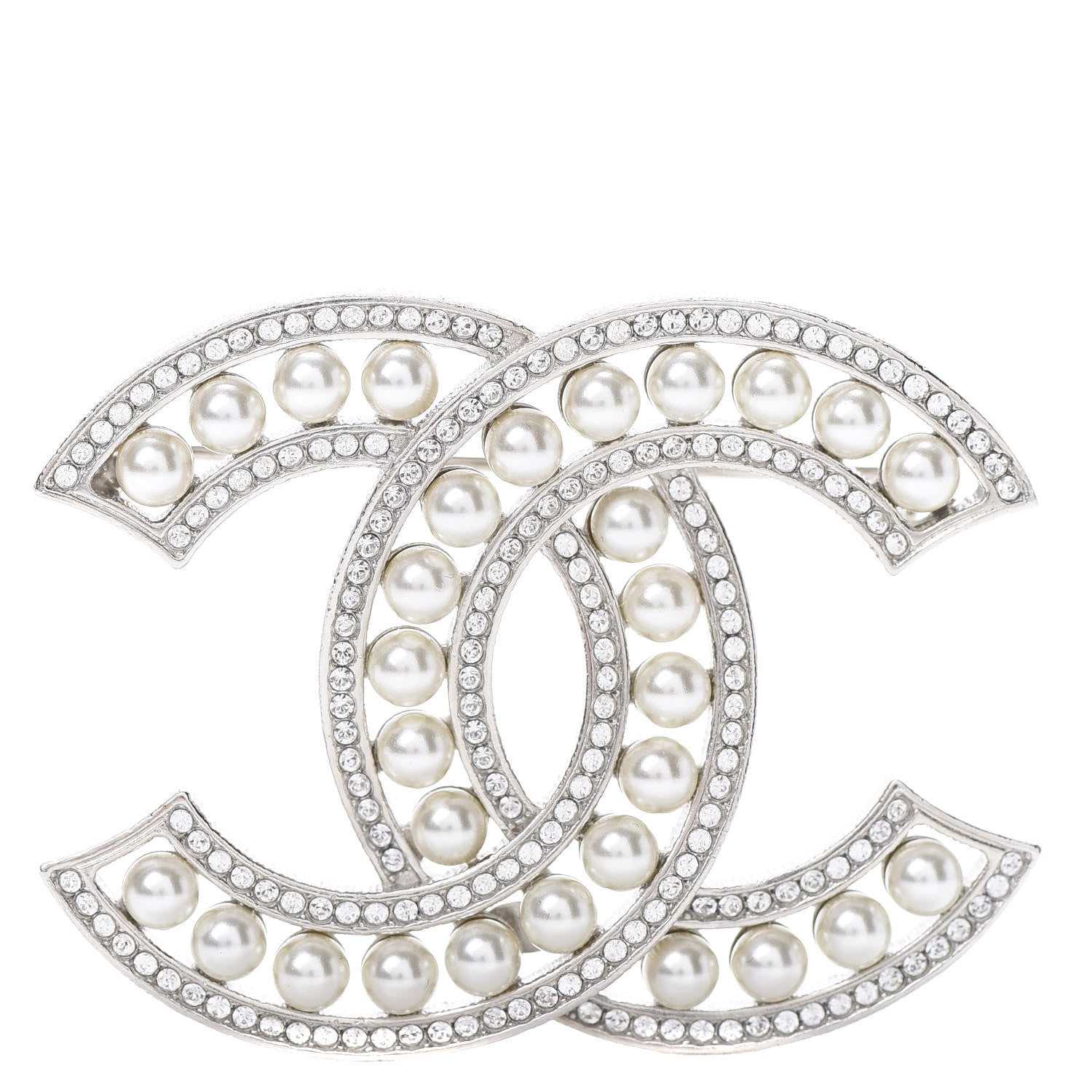 Chanel Pearl Crystal CC Brooch Silver 1 of 5