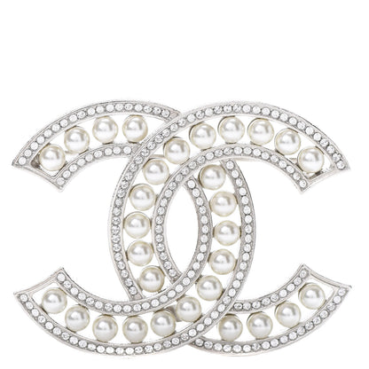 Chanel Pearl Crystal CC Brooch Silver 1 of 5