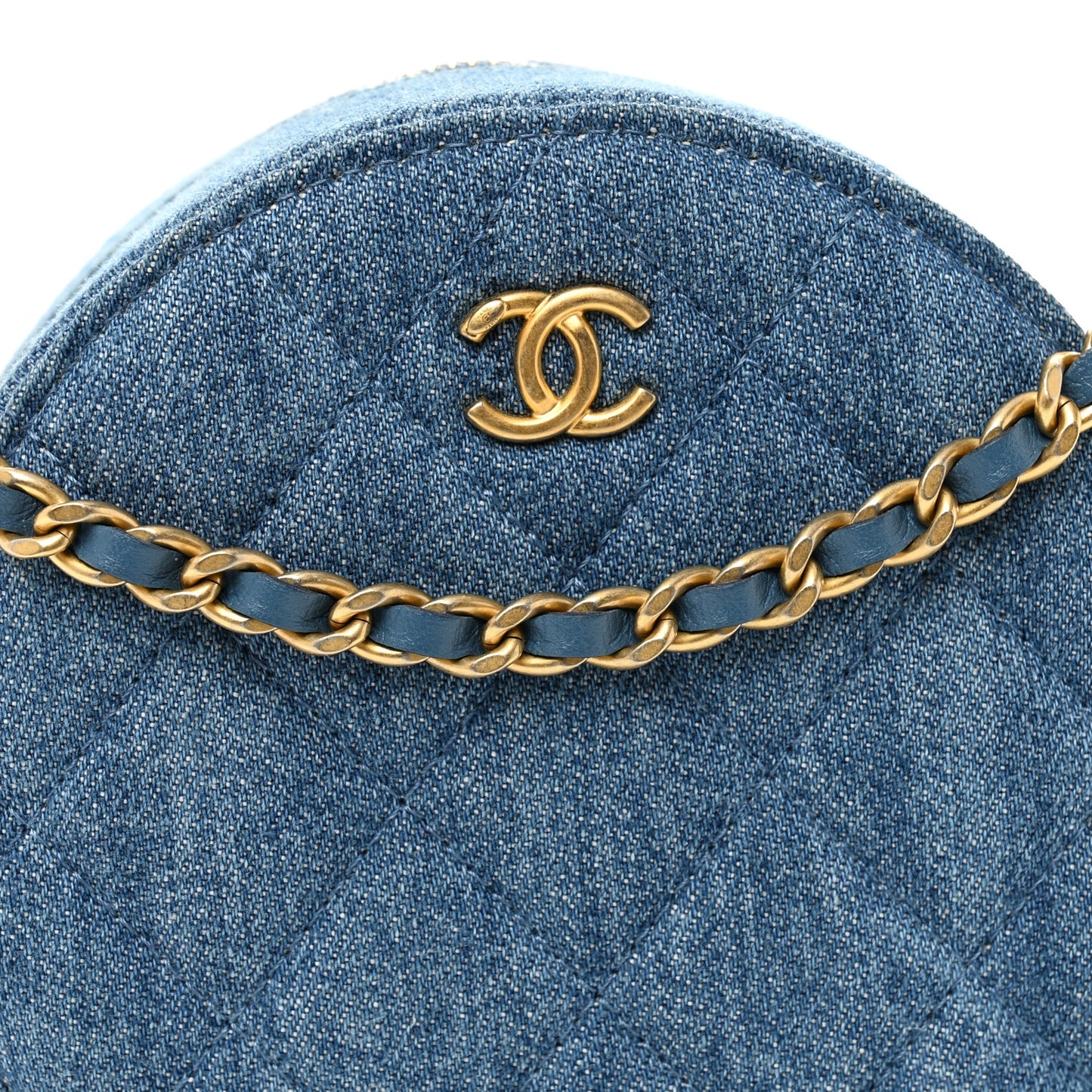Denim Quilted Round Pearl Crush Clutch With Chain Blue