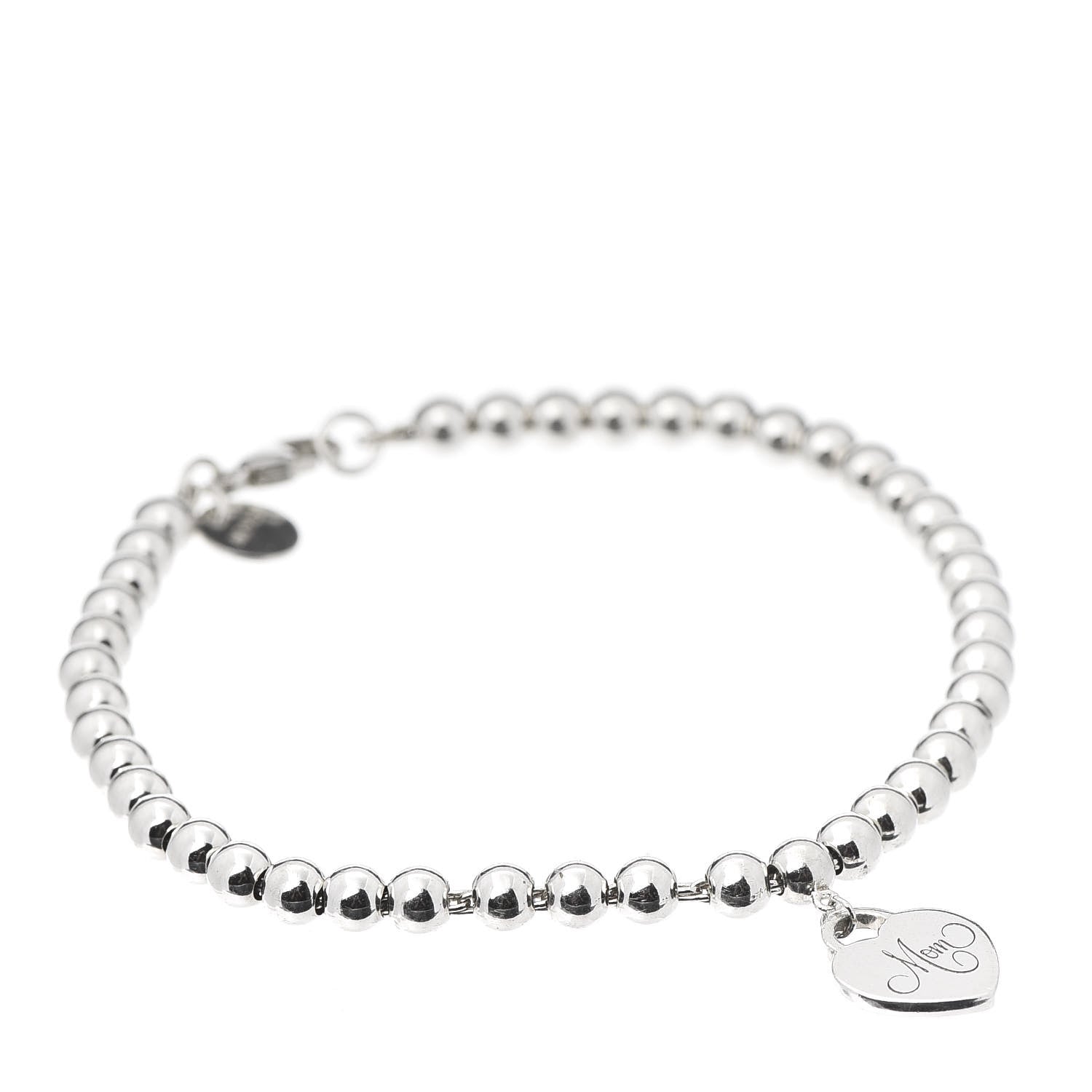 Tiffany Sterling Silver 4mm Mom Heart Tag Bead Bracelet 1 of 7