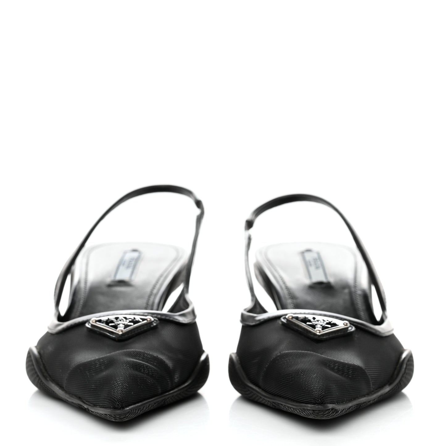 Mesh Nappa Triangle Logo Pointed Toe 45mm Slingback Pumps 38.5 Black