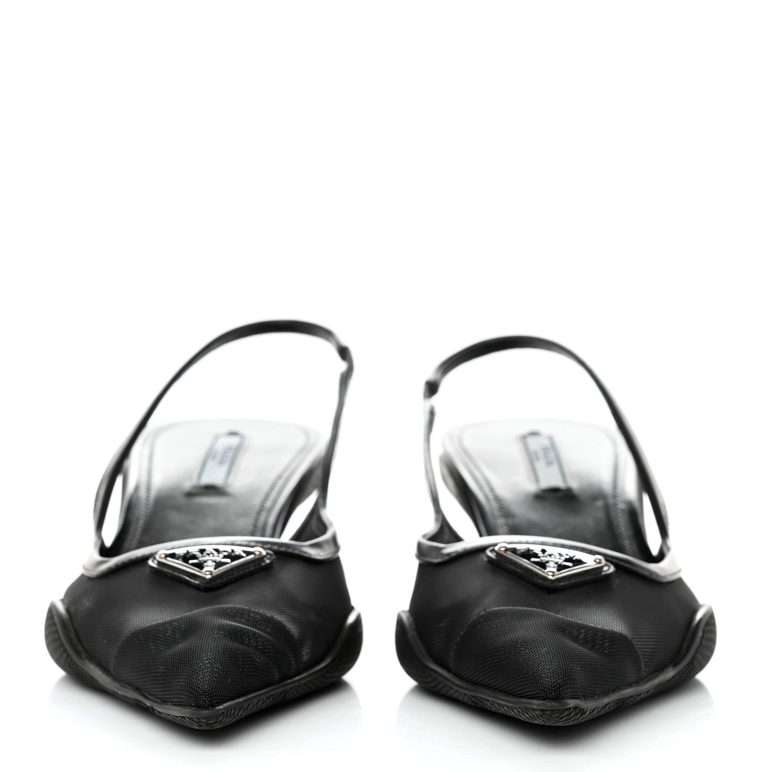 Prada Mesh Nappa Triangle Logo Pointed Toe 45mm Slingback Pumps 38.5 Black 2 of 9