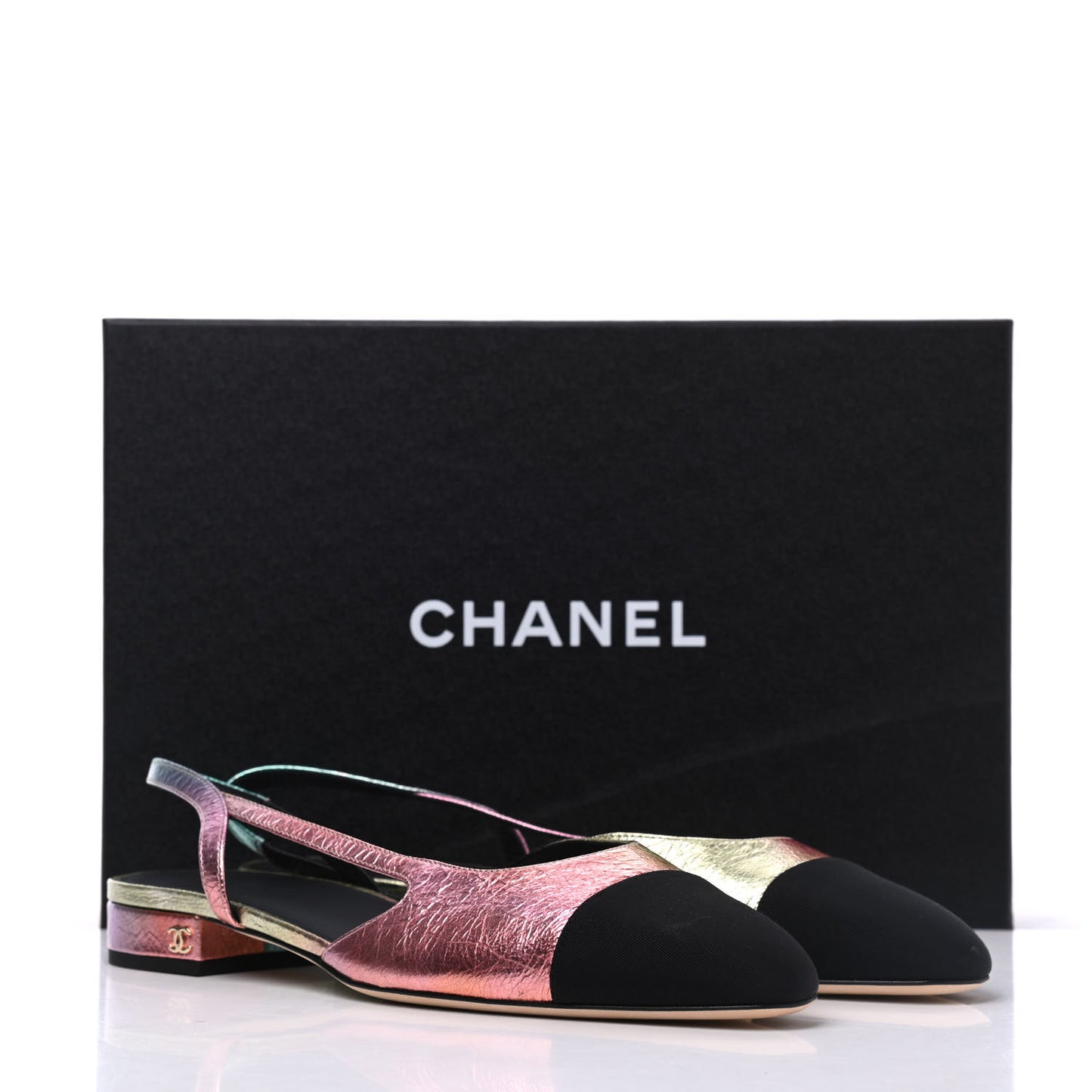 Laminated Calfskin Grosgrain Cap Toe CC Slingback Flats 40 Multicolor Black