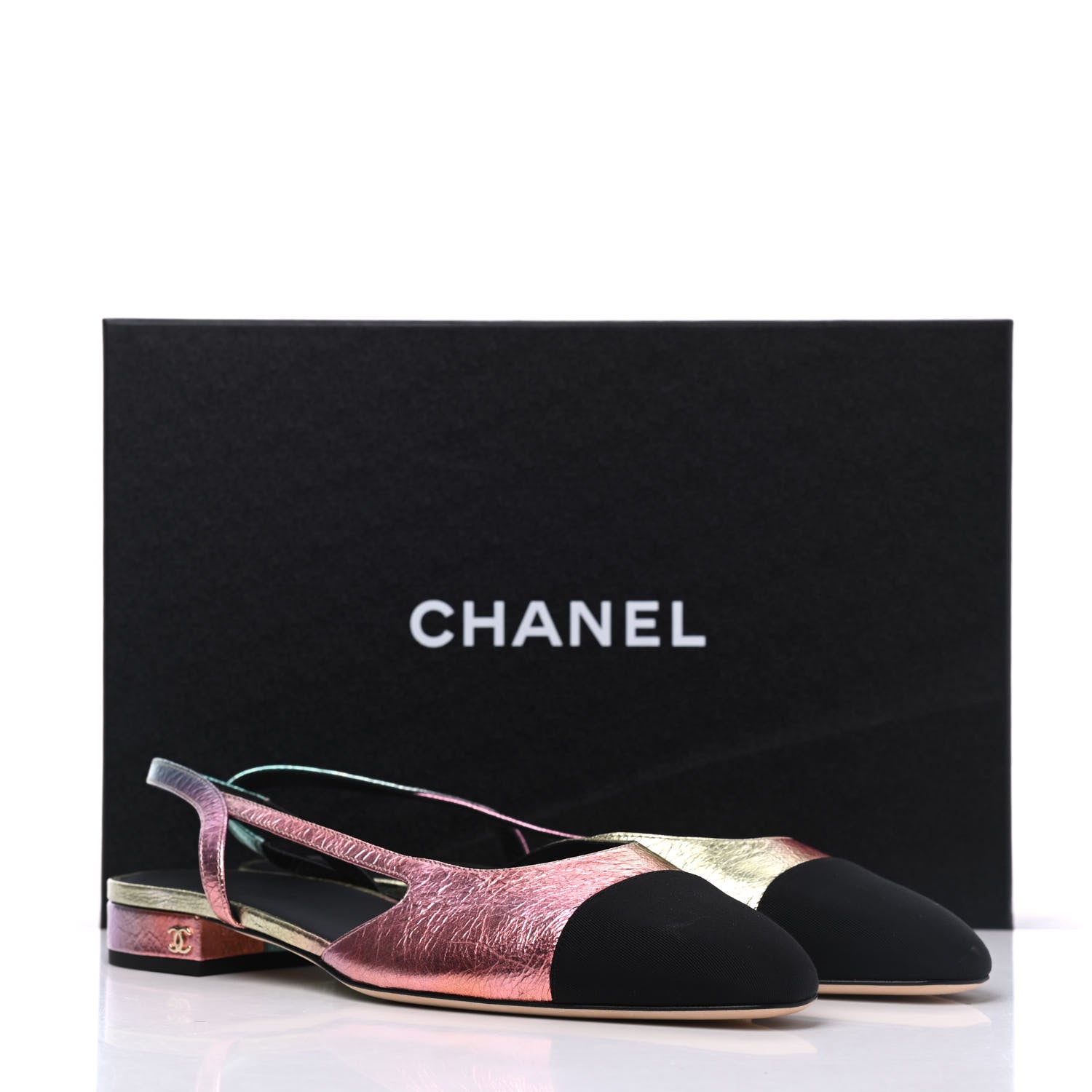 Chanel Laminated Calfskin Grosgrain Cap Toe CC Slingback Flats 40 Multicolor Black 11 of 11