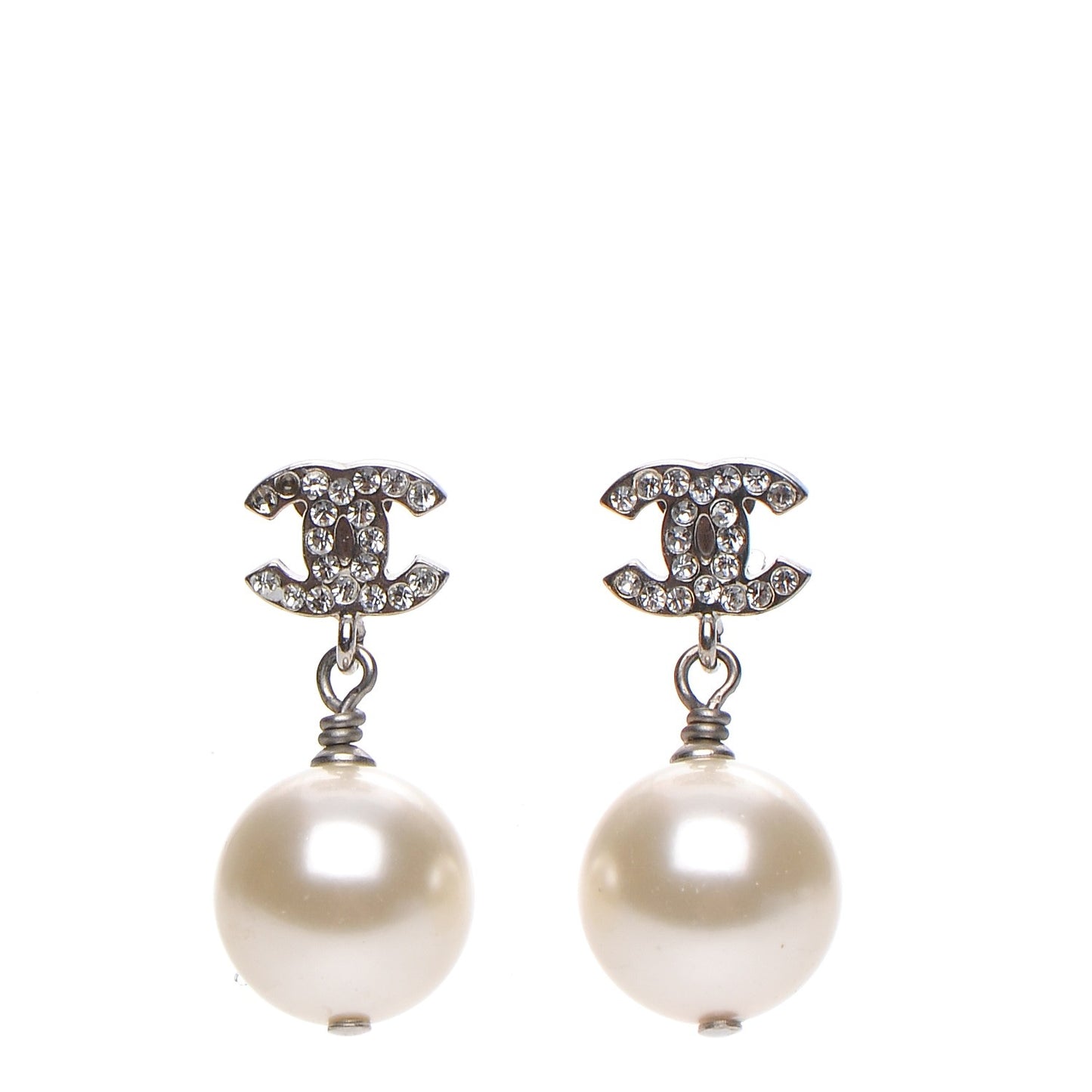 Crystal Pearl CC Drop Earrings Silver