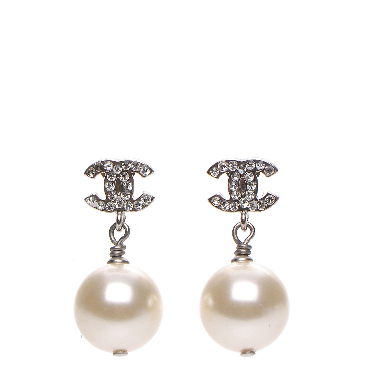 Chanel Crystal Pearl CC Drop Earrings Silver 1 of 5