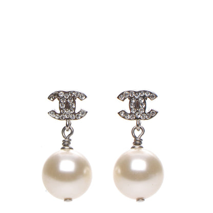 Chanel Crystal Pearl CC Drop Earrings Silver 1 of 5
