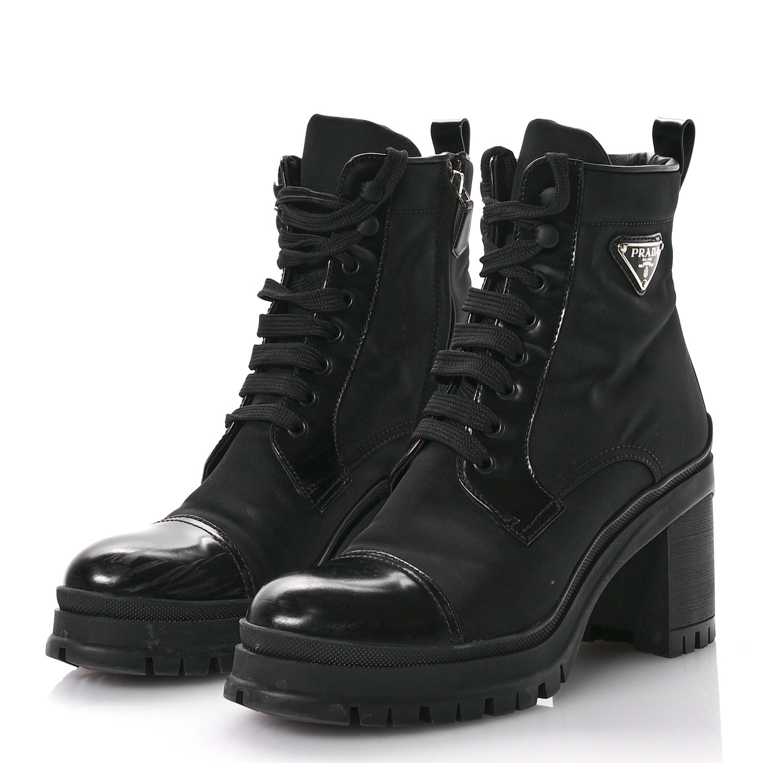 Prada Spazzolato Re-Nylon Metal Triangle Logo Lace Up 55mm Ankle Boots 39 Black 4 of 10