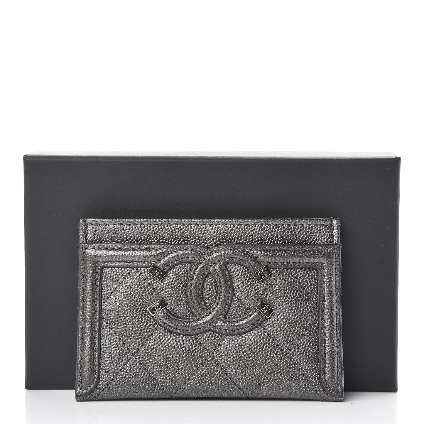 Metallic Caviar Quilted Filigree Card Holder Dark Silver
