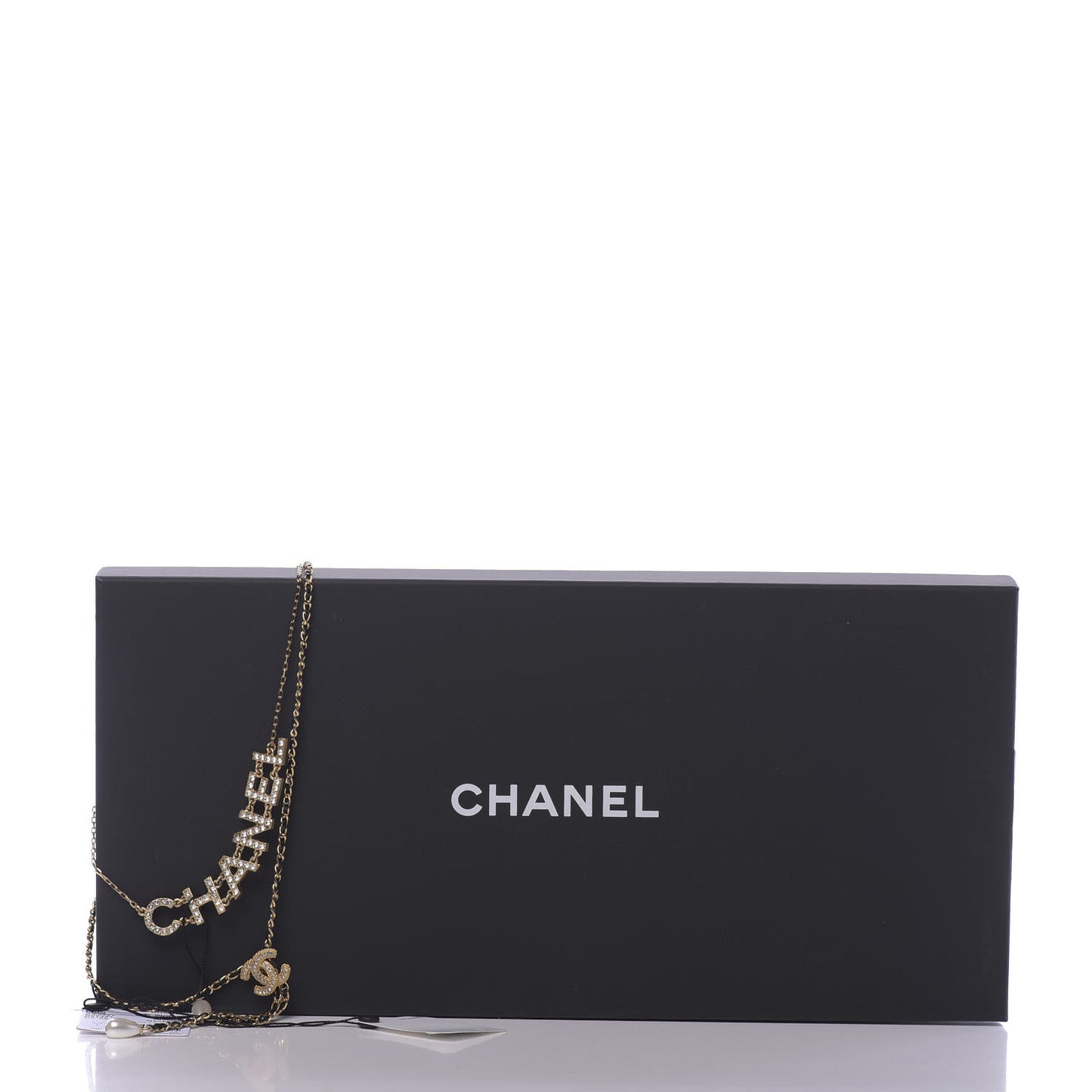 Lambskin Crystal Pearl Logo CC Double Strand Necklace Gold White Black