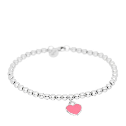 Tiffany Sterling Silver Enamel 4mm Return to Tiffany Heart Tag Bead Bracelet Hot Pink 1 of 4