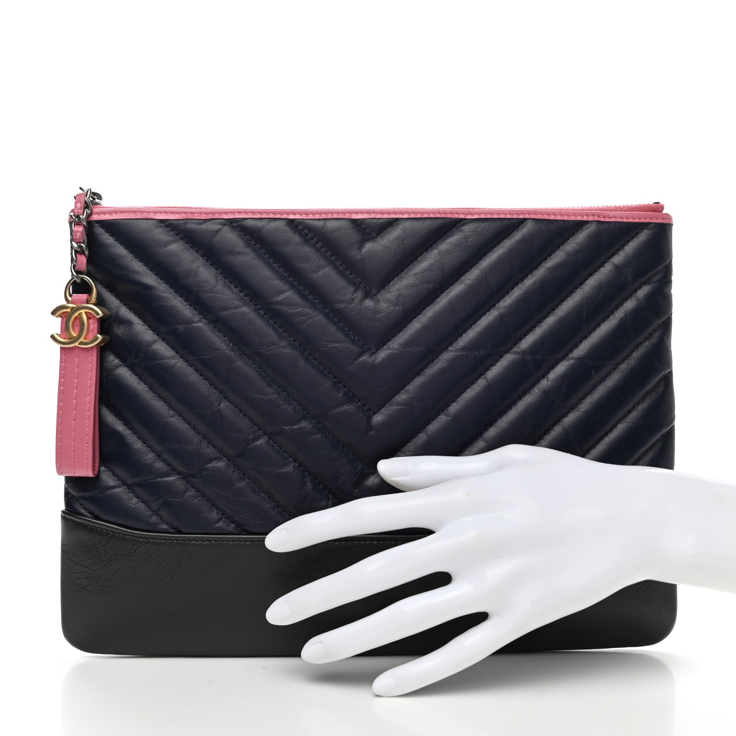 Chanel Aged Calfskin Chevron Quilted Medium Gabrielle Cosmetic Case Pink Navy Black 2 of 7