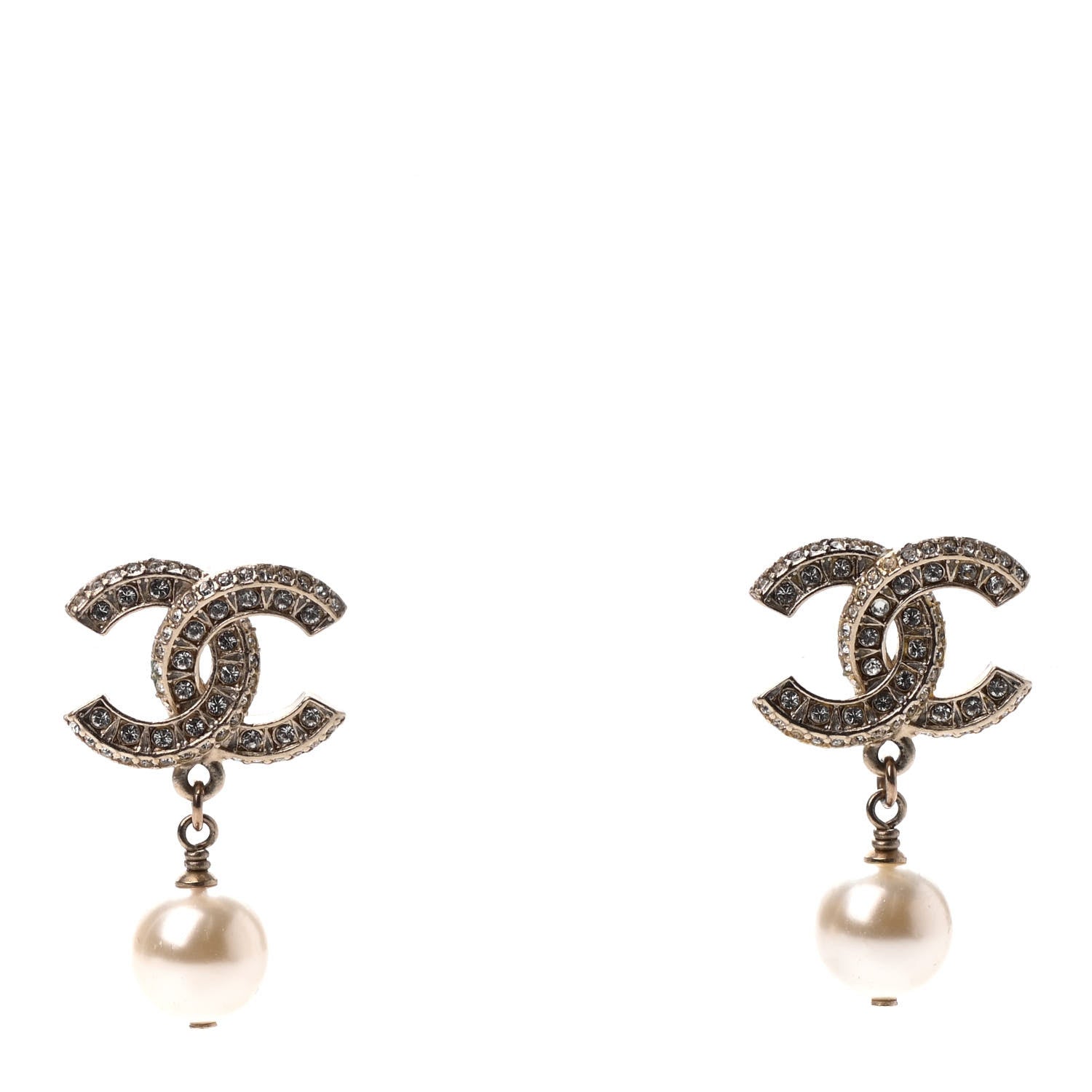 Chanel Crystal Timeless CC Pearl Drop Earrings Light Gold 1 of 4