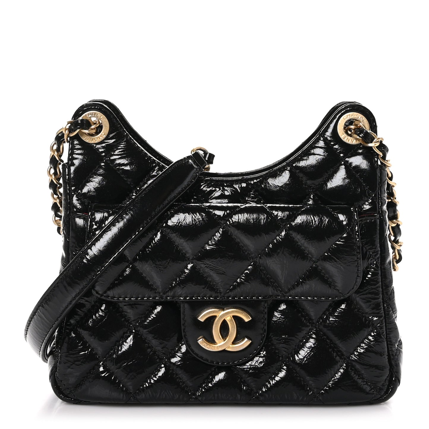Shiny Crumpled Calfskin Quilted Small Wavy CC Hobo Black