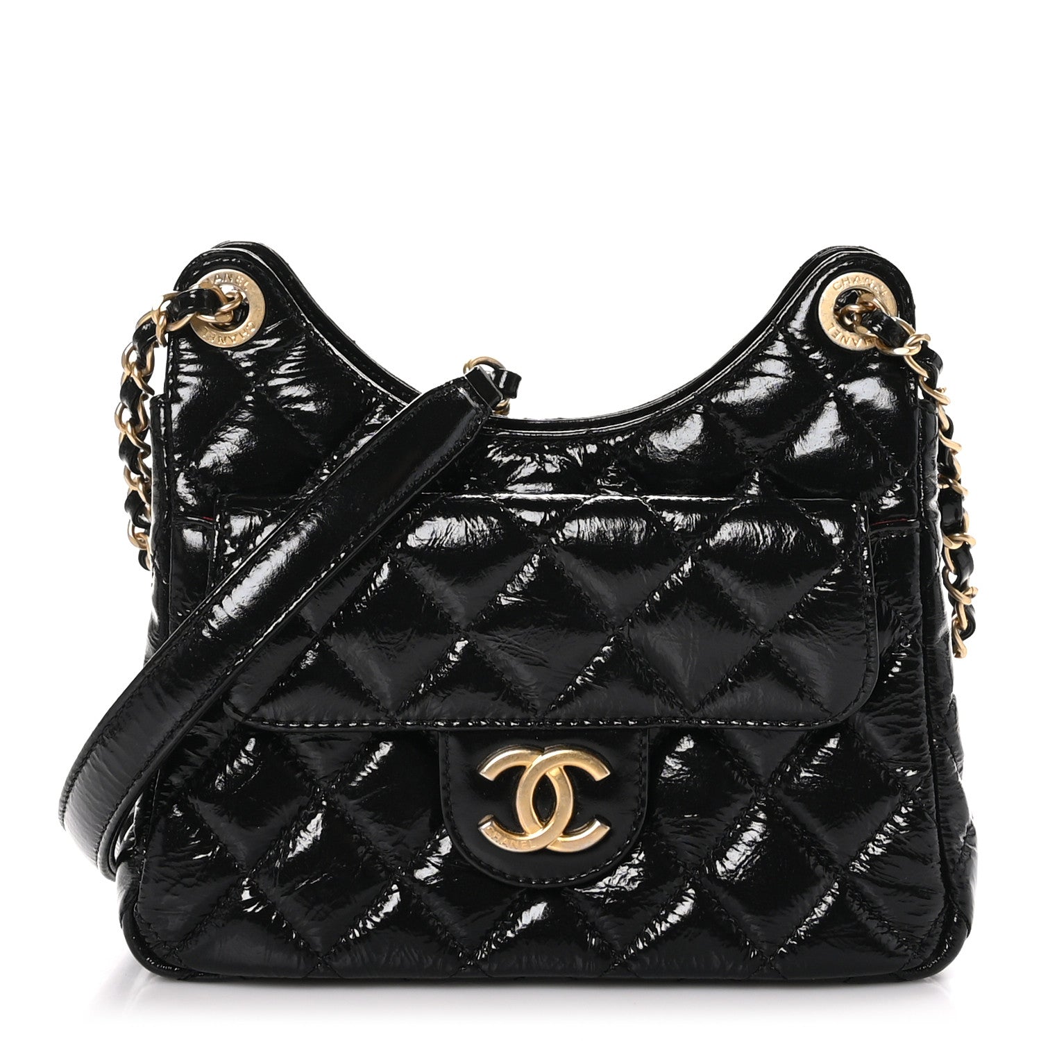 Chanel Shiny Crumpled Calfskin Quilted Small Wavy CC Hobo Black 1 of 11