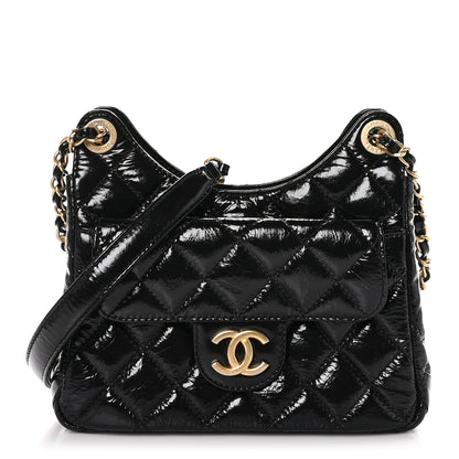 Chanel Shiny Crumpled Calfskin Quilted Small Wavy CC Hobo Black 1 of 11