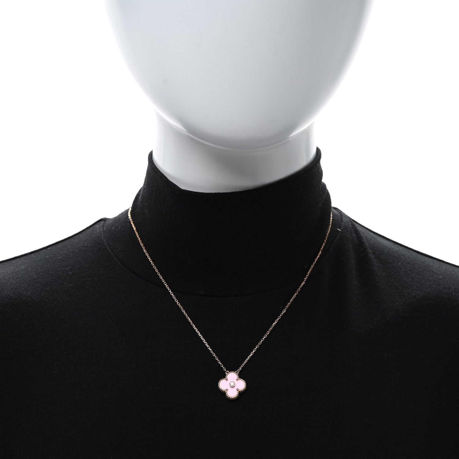 Van Cleef & Arpels 18K Rose Gold Diamond Pink Porcelain Vintage Alhambra Pendant Necklace 2 of 5