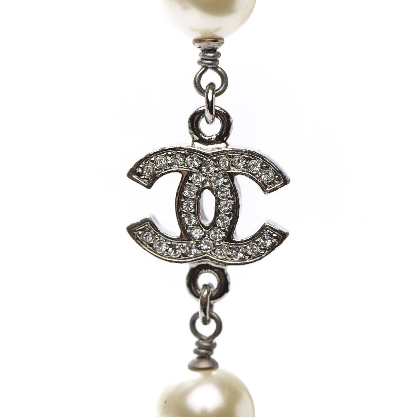 Crystal Pearl CC Long Necklace Silver