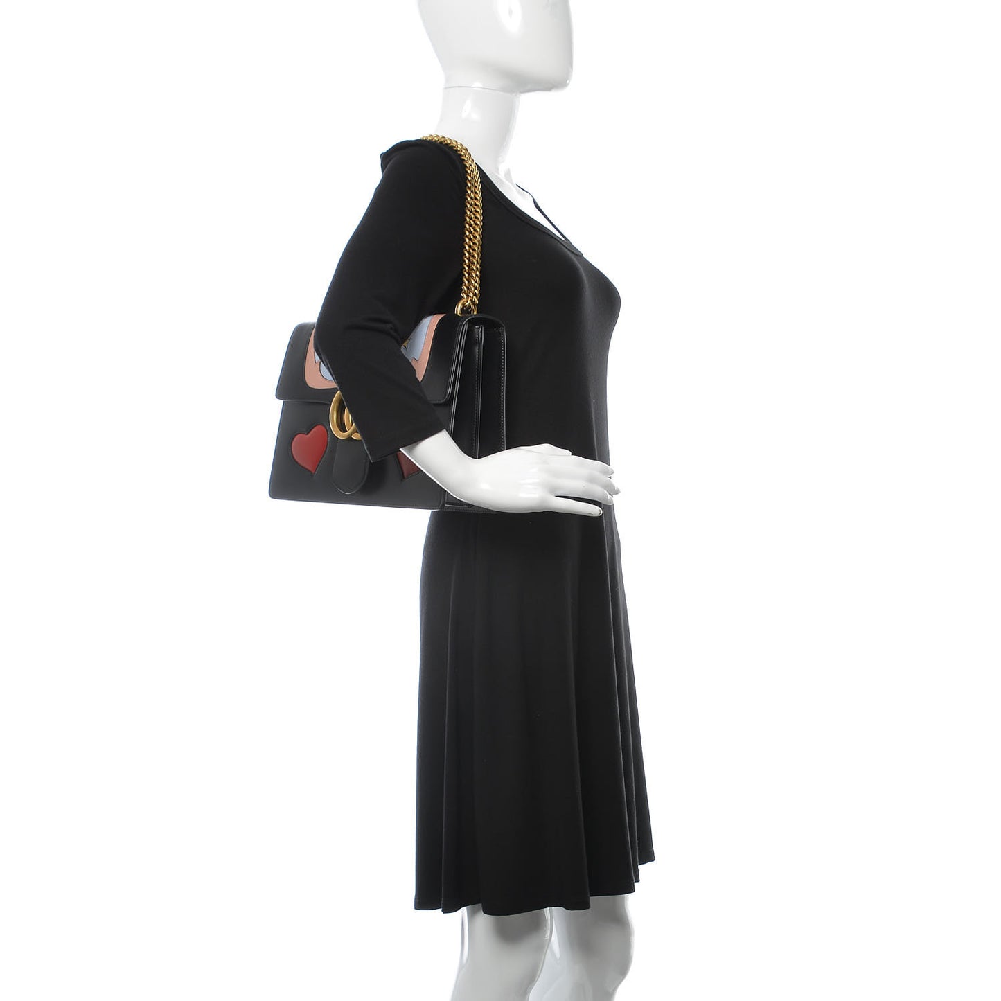 Calfskin Web Heart Medium GG Marmont Chain Handle Bag Black