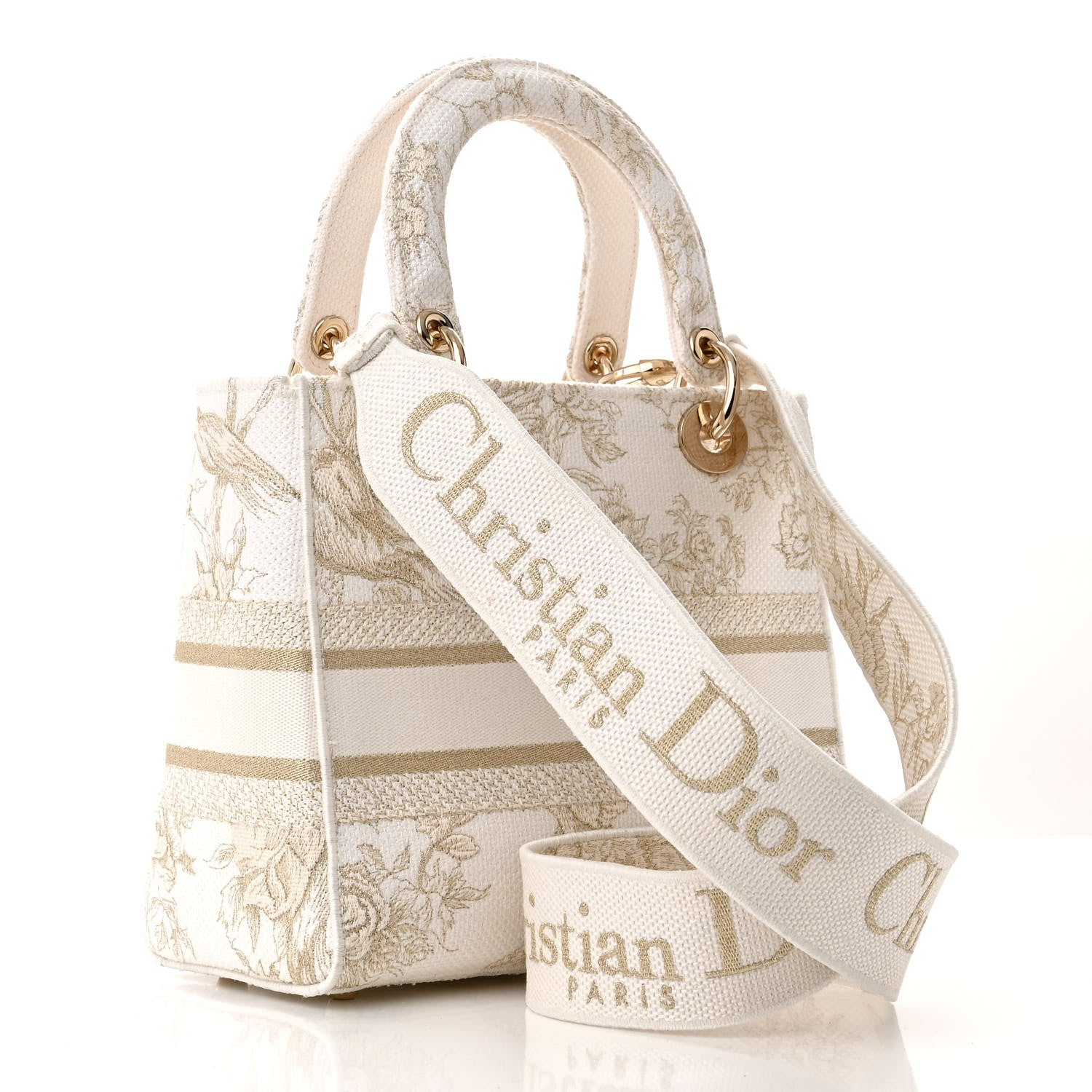 Christian Dior Canvas Embroidered Jardin D'Hiver Medium Lady D-Lite White Gold 2 of 11