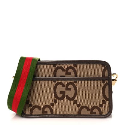 Gucci Monogram Jumbo GG Textured Dollar Calfskin Web Mini Crossbody Bag Camel Ebony New Acero 1 of 10