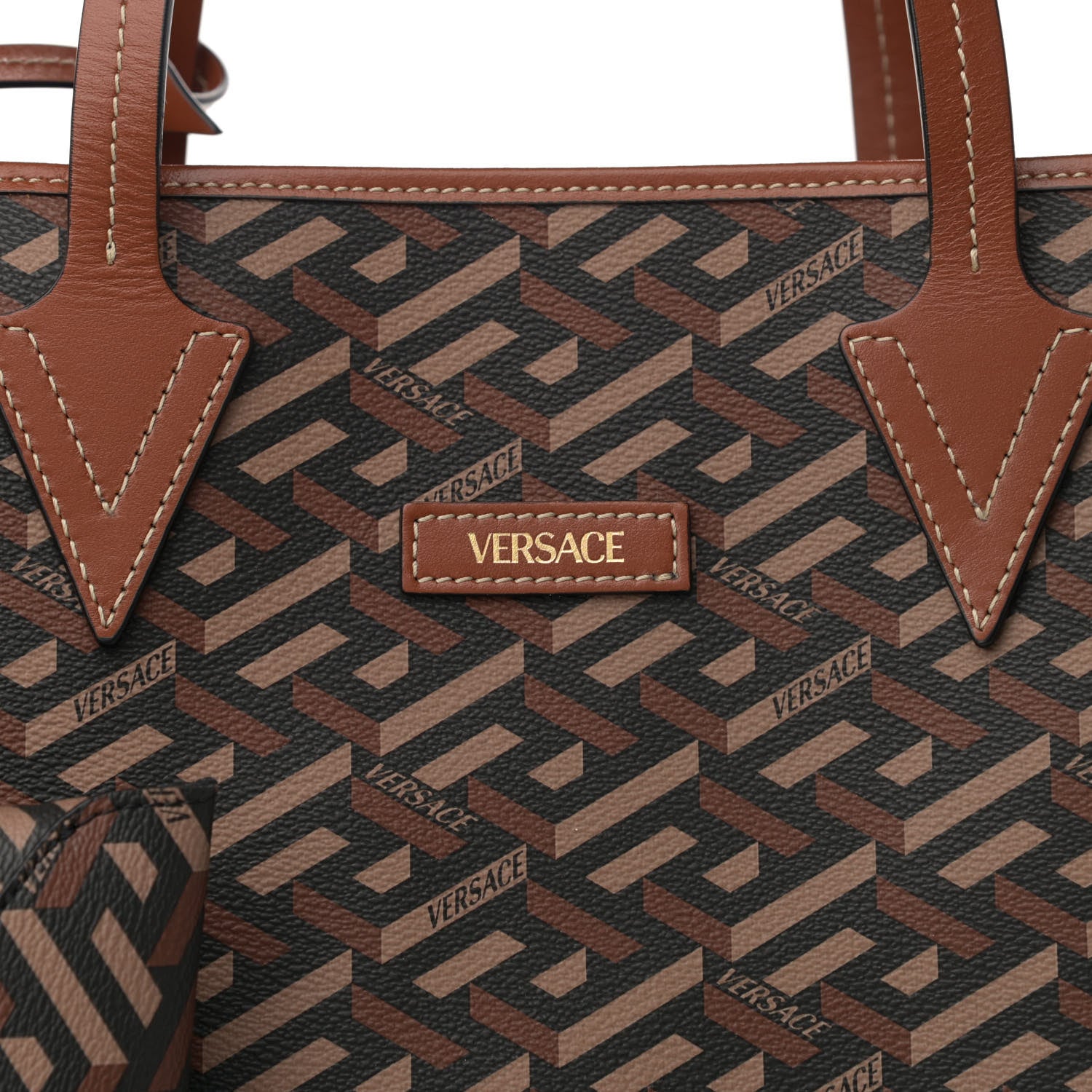Versace Coated Canvas Calfskin La Greca Signature Shopper Tote Bag Black Caramel 7 of 10