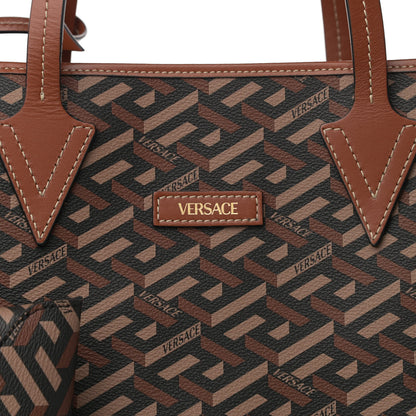 Versace Coated Canvas Calfskin La Greca Signature Shopper Tote Bag Black Caramel 7 of 10