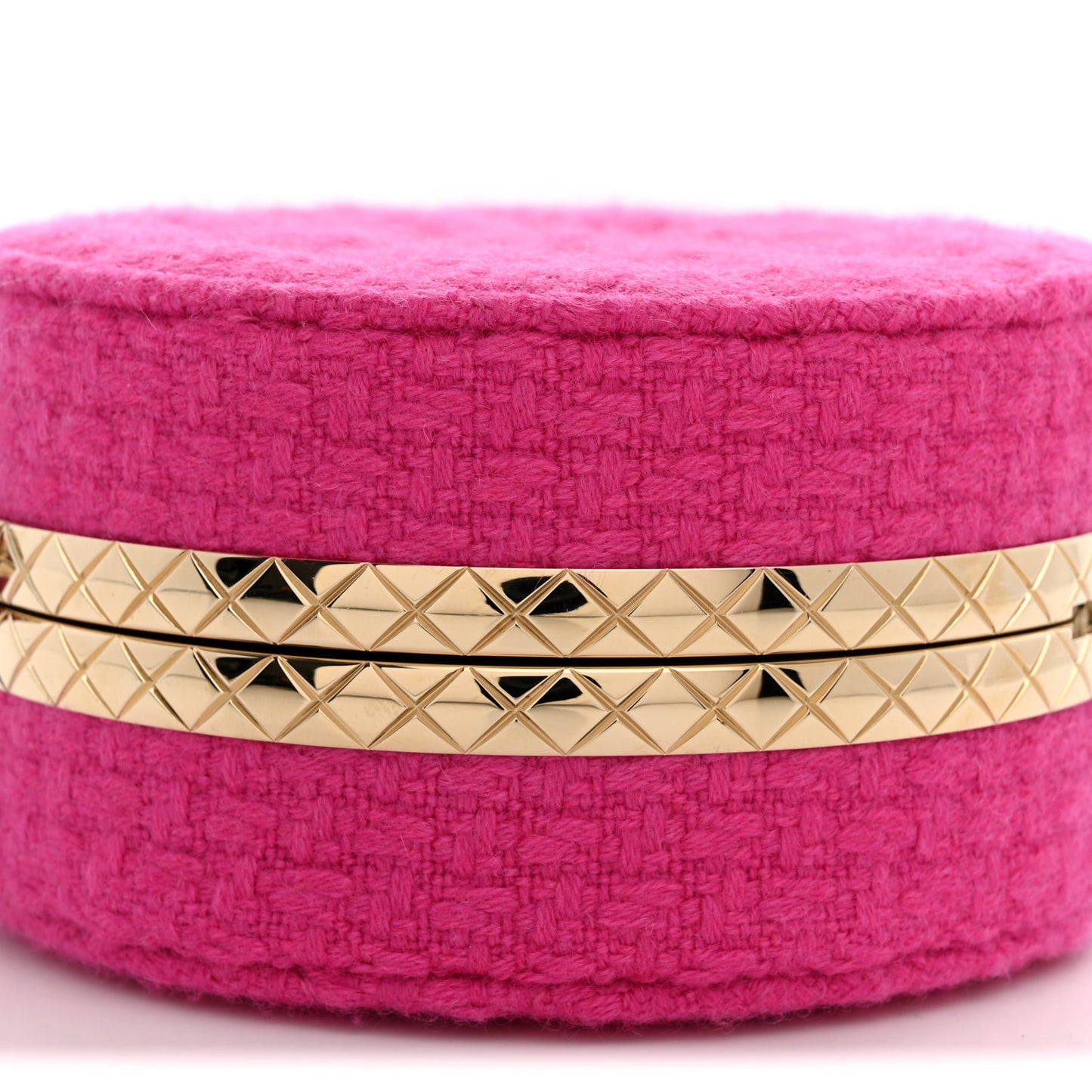 Metal Tweed Quilted Round Lock Frame Vanity Clutch With Chain Pink