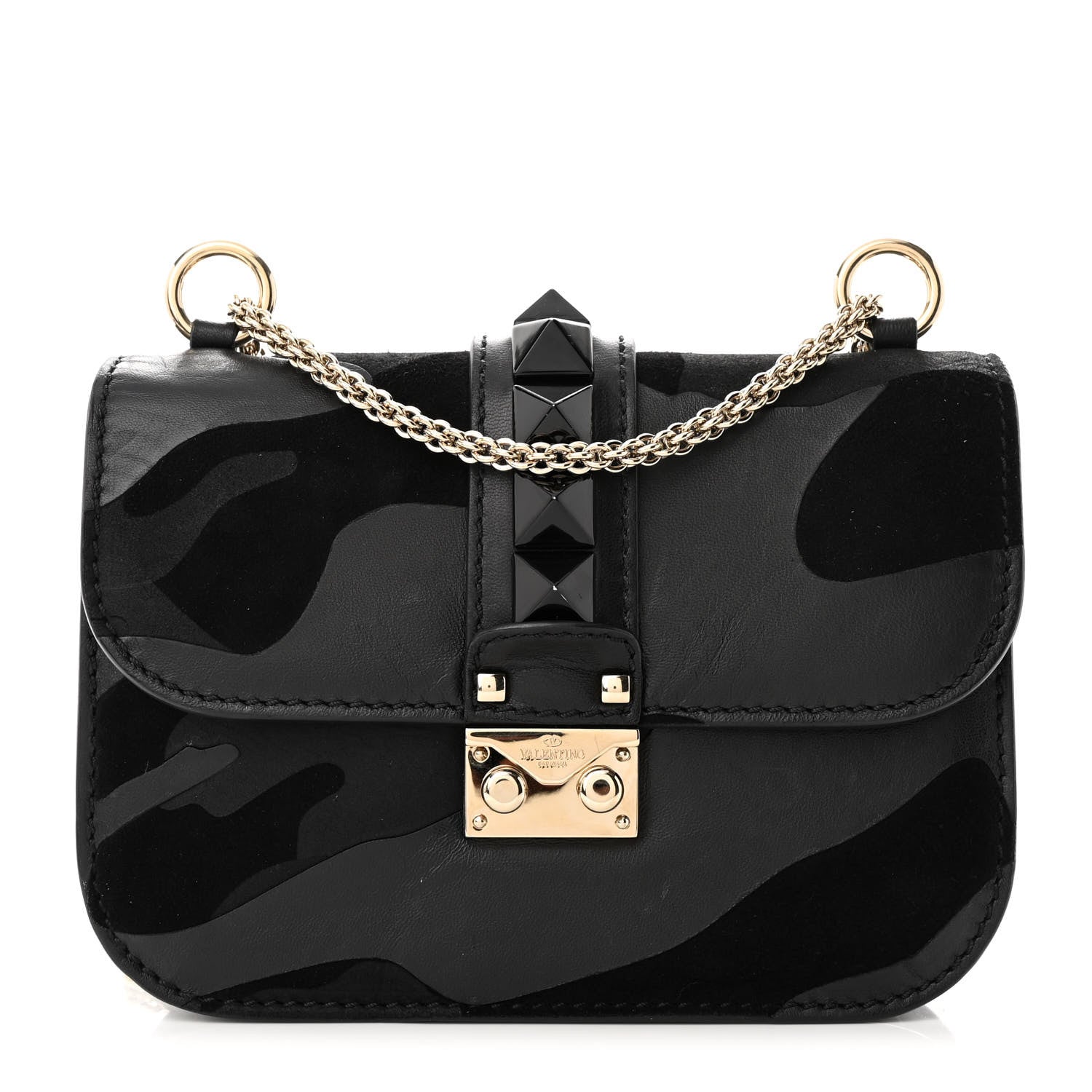 Valentino Garavani Nappa Camouflage Small Glam Lock Rockstud Flap Black 1 of 9