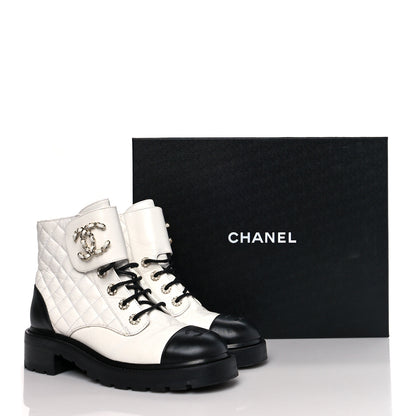Chanel Shiny Goatskin Calfskin Quilted Lace Up Combat Boots 40.5 White Black 12 of 12
