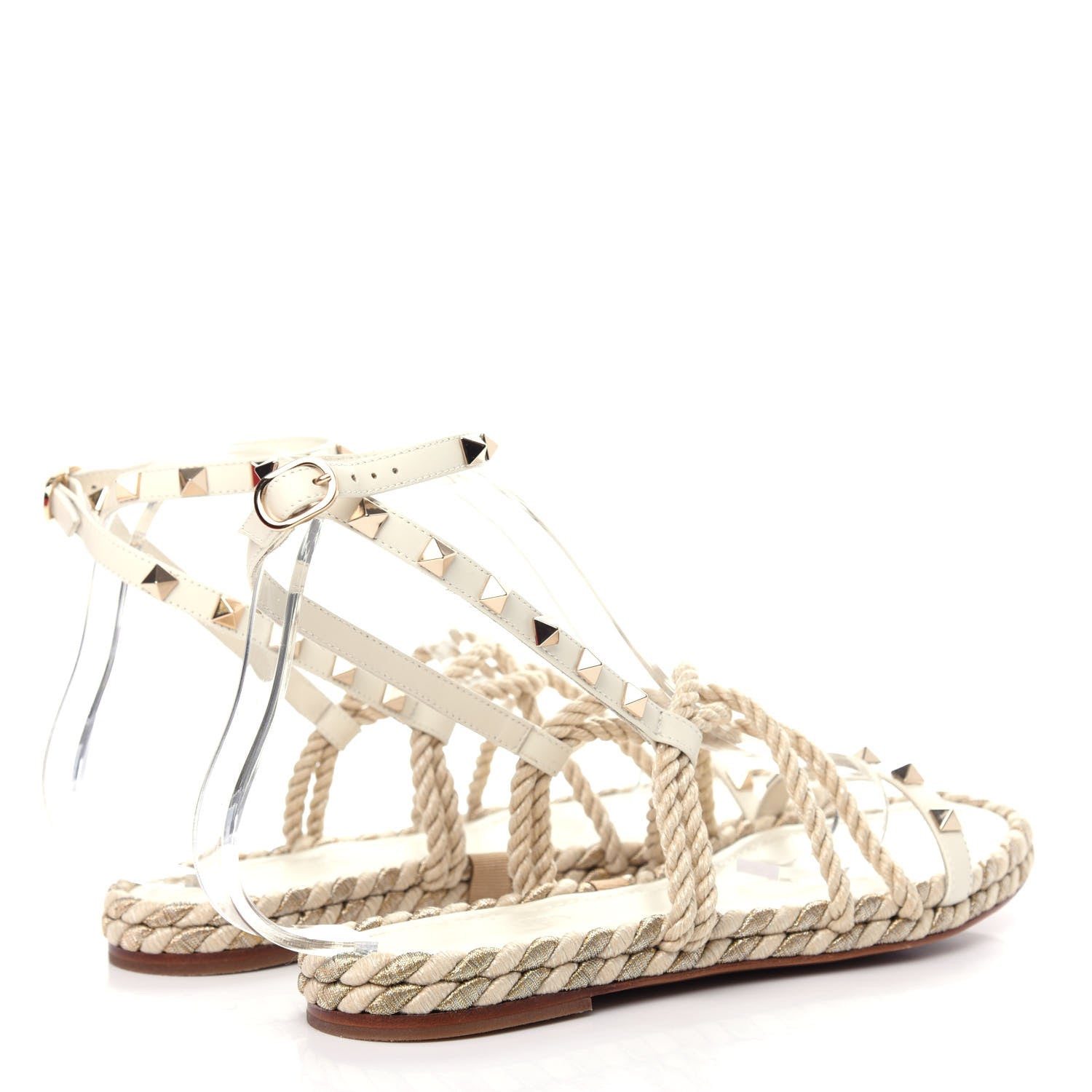Valentino Garavani Calfskin Rockstud Torchon Rope Espadrille Flat Sandals 39 Light Ivory 4 of 9
