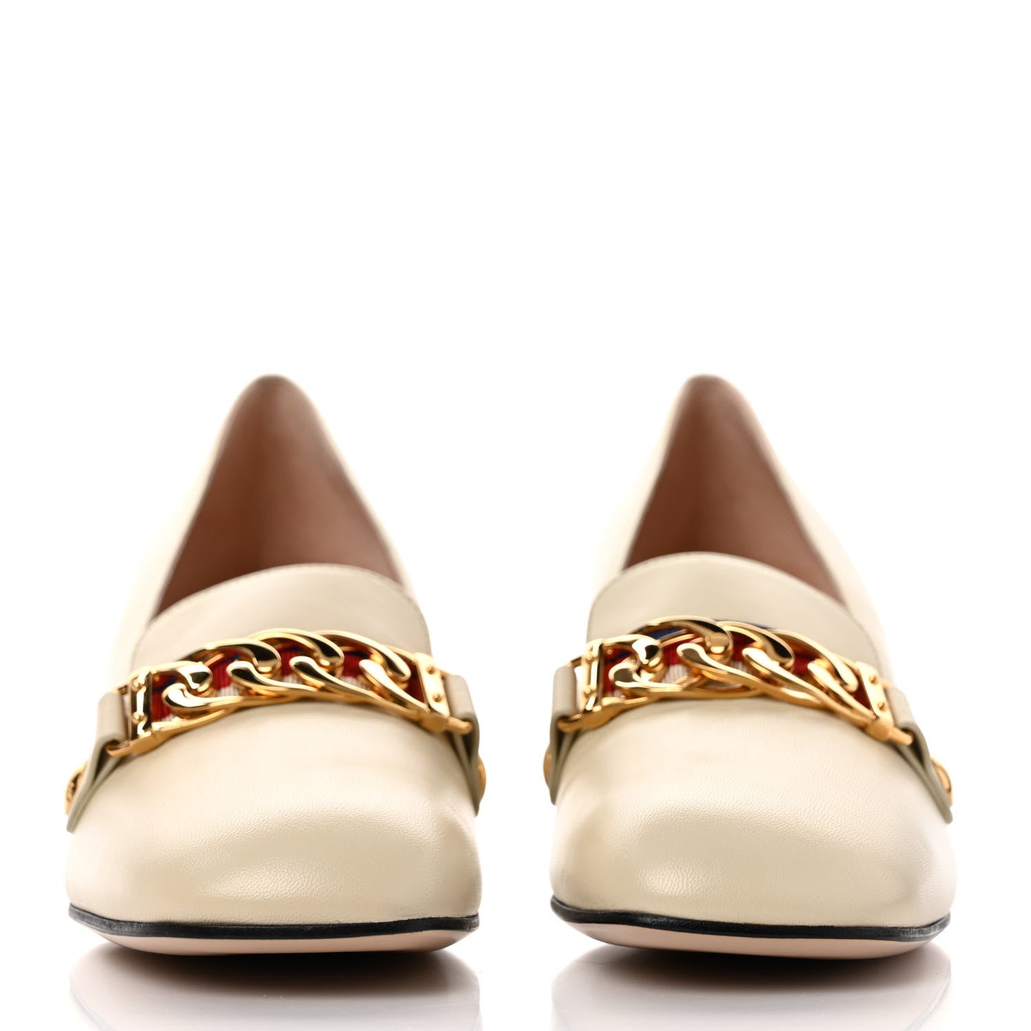Gucci Malaga Kid Sylvie Web Chain Mid Heel Loafers 37 Vintage White 2 of 8