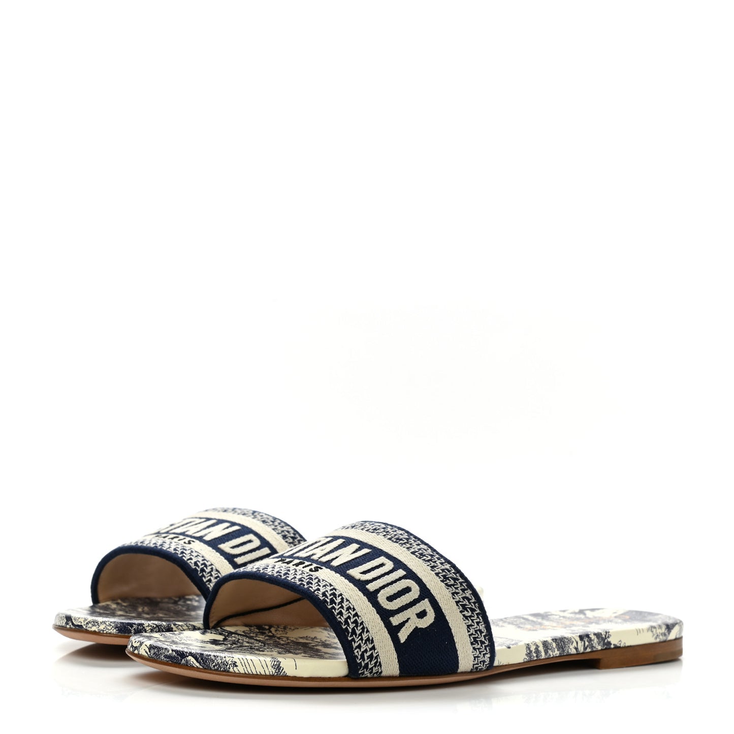 Canvas Toile de Jouy Embroidered Dway Flat Slide Sandals 39 Blue