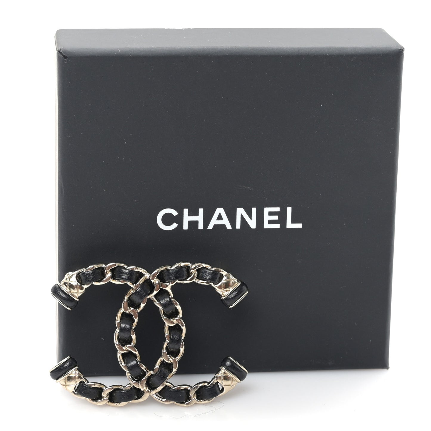 Lambskin CC Chain Brooch Black Gold