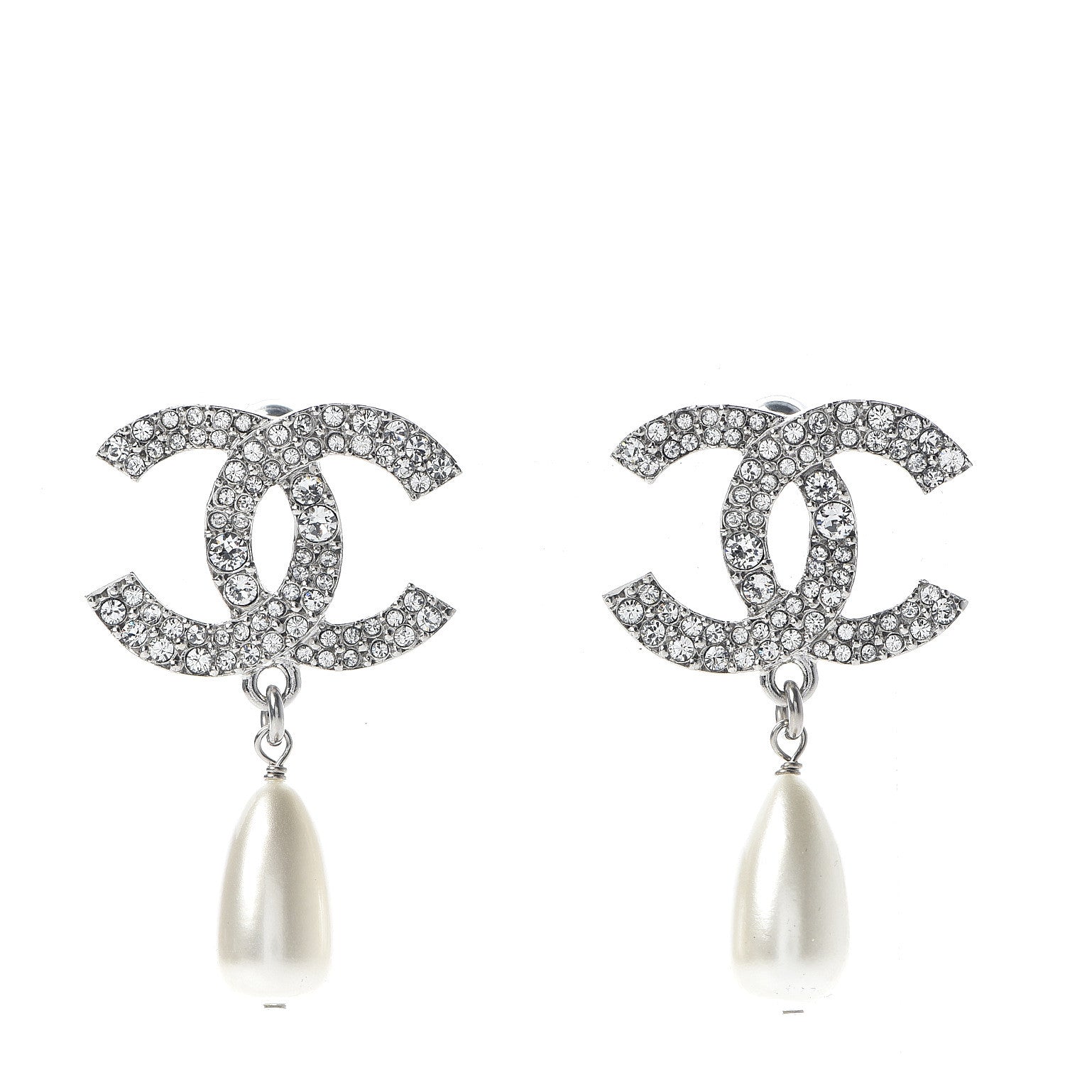 Chanel Crystal Pearl CC Drop Darling Bows Earrings Silver Pearly White 1 of 5