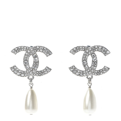 Chanel Crystal Pearl CC Drop Darling Bows Earrings Silver Pearly White 1 of 5