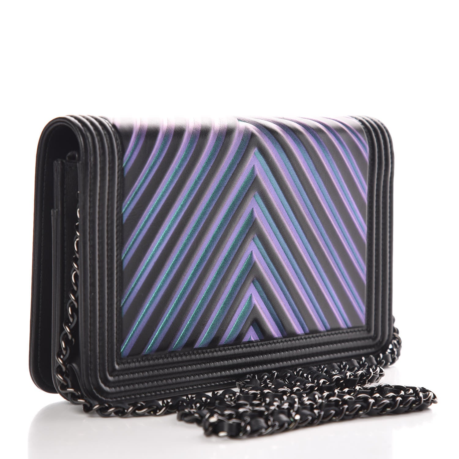 Chanel Calfskin Painted Chevron Embossed Boy Wallet On Chain WOC Black 3 of 15