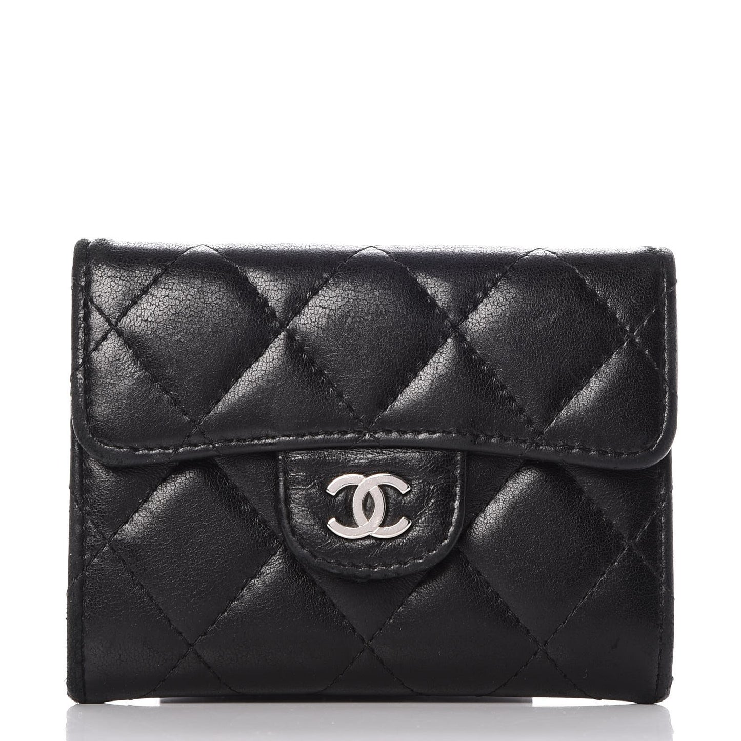 Lambskin Quilted Flap Card Holder Wallet Black