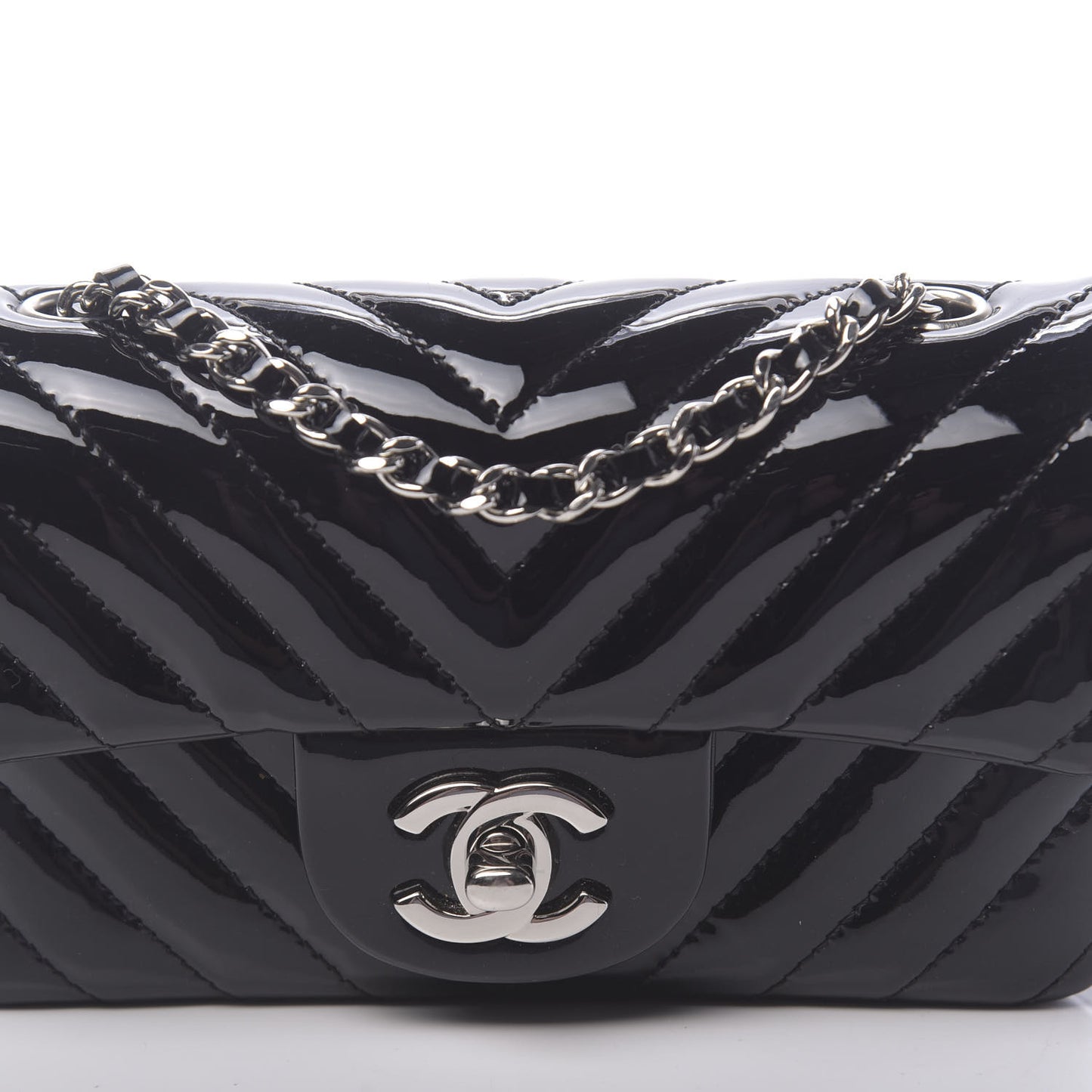 Patent Calfskin Chevron Quilted Extra Mini Flap Black