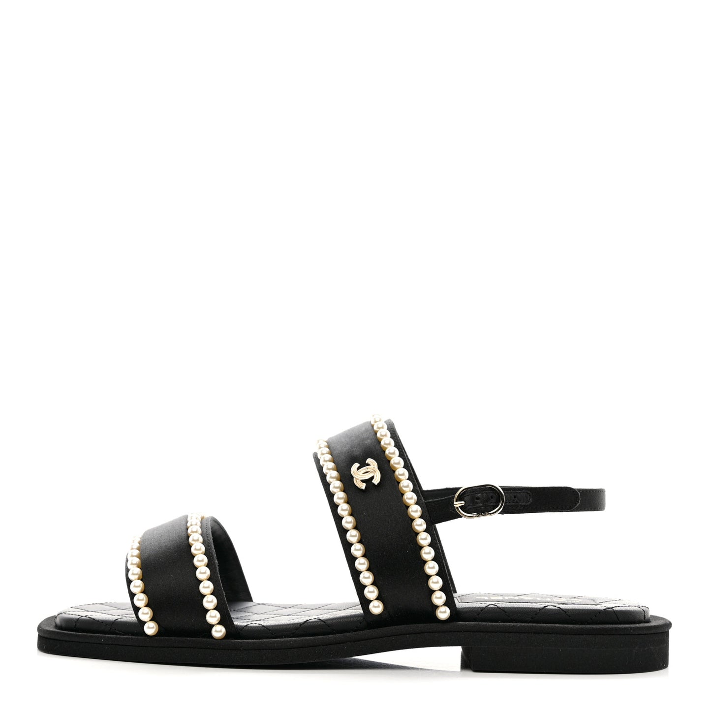 Satin Pearl Quilted Flat Sandals 41 Black