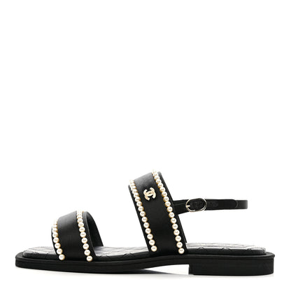 Chanel Satin Pearl Quilted Flat Sandals 41 Black 1 of 8