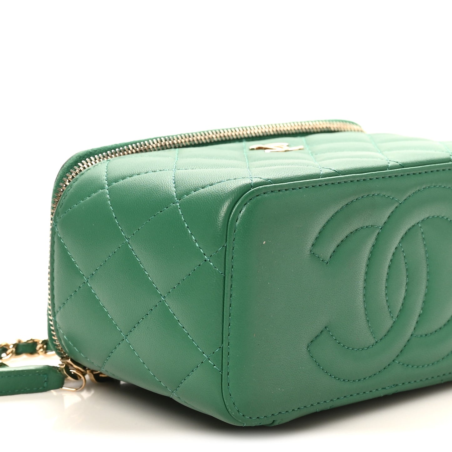 Lambskin Quilted Small Top Handle Vanity Case With Chain Green