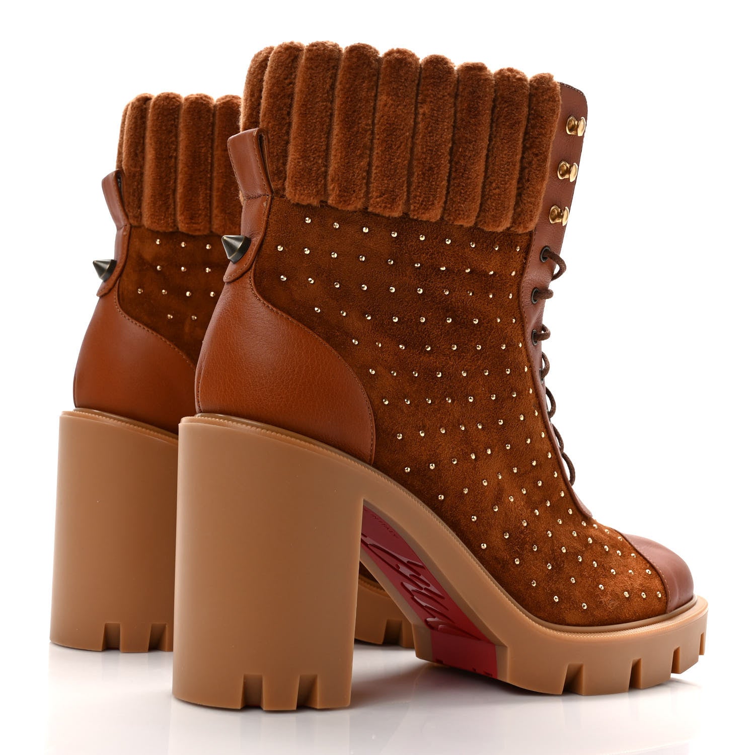 Christian Louboutin Calfskin Suede Cake Velvet Studded Dakita Lug 70 Boots 38 Foxy Antic Gold 4 of 9
