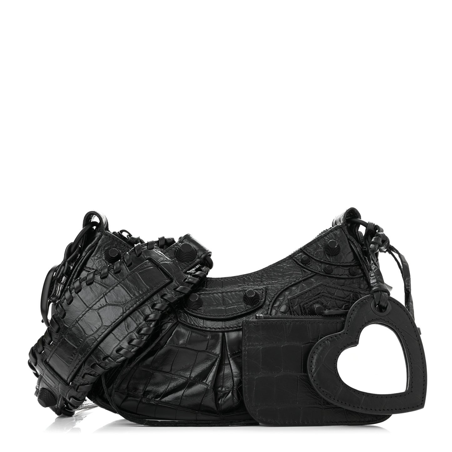 Extra Supple Calfskin Crocodile Embossed Monochrome Le Cagole Shoulder Bag XS Black