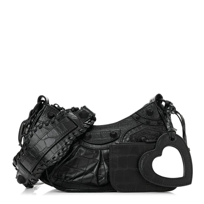 Balenciaga Extra Supple Calfskin Crocodile Embossed Monochrome Le Cagole Shoulder Bag XS Black 1 of 12
