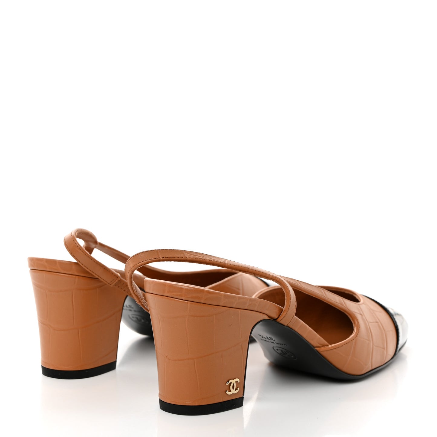 Calfskin Crocodile Embossed Patent Cap Toe CC Slingback Pumps 37.5 Light Brown Black