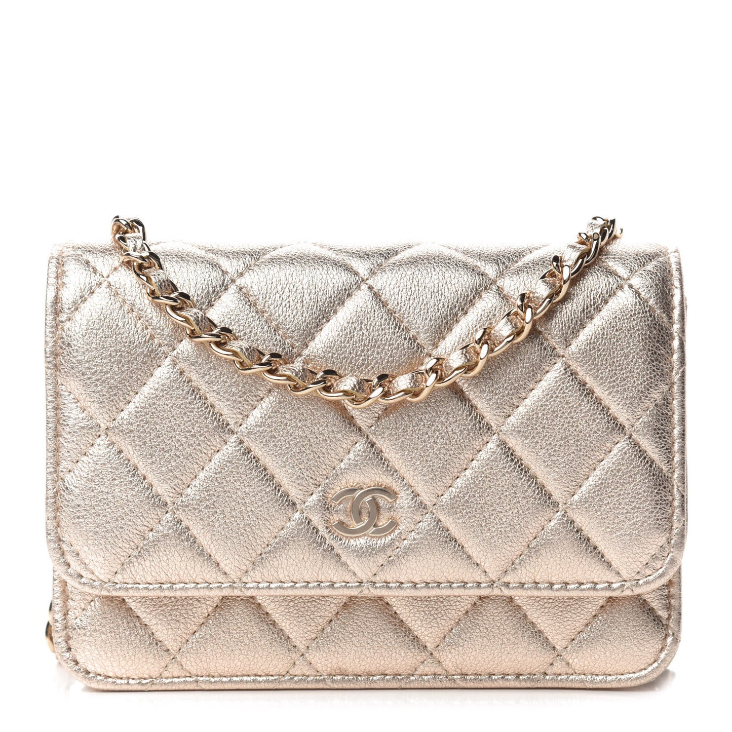 Metallic Lambskin Quilted Mini Wallet On Chain WOC Gold