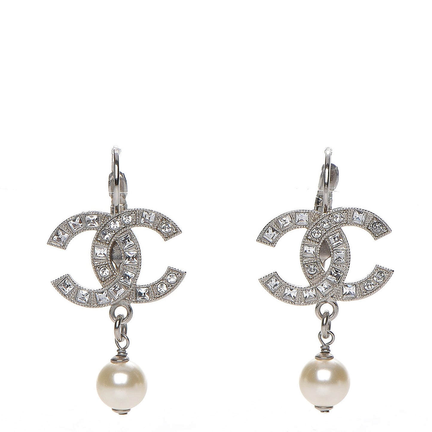 Crystal Pearl CC Drop Earrings Silver