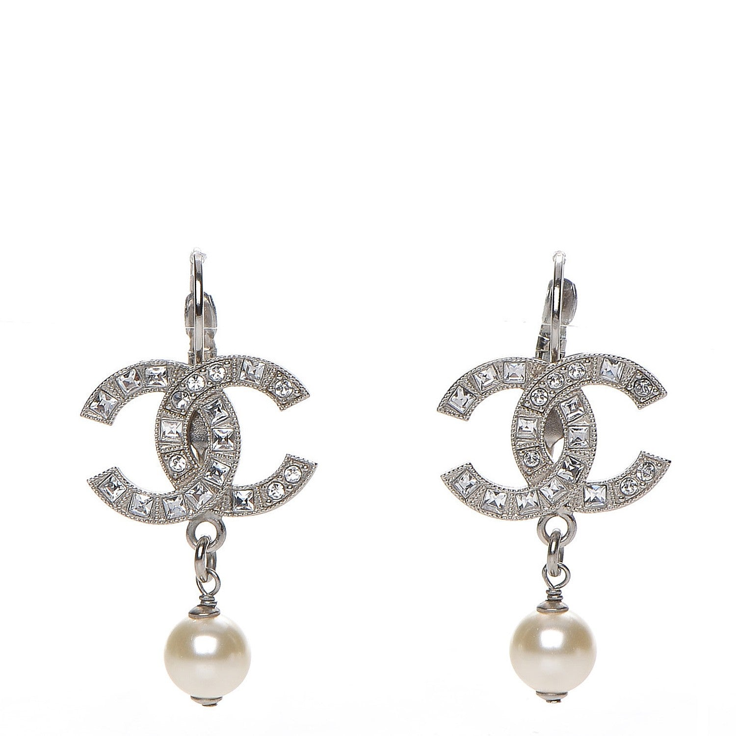 Chanel Crystal Pearl CC Drop Earrings Silver 1 of 6