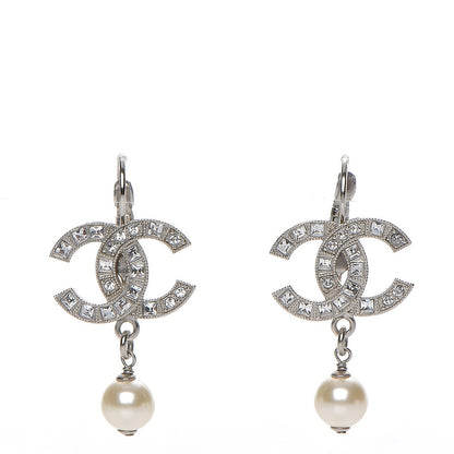 Chanel Crystal Pearl CC Drop Earrings Silver 1 of 6